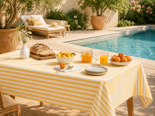 Nappe rayée jaune et blanc sur une table de jardin