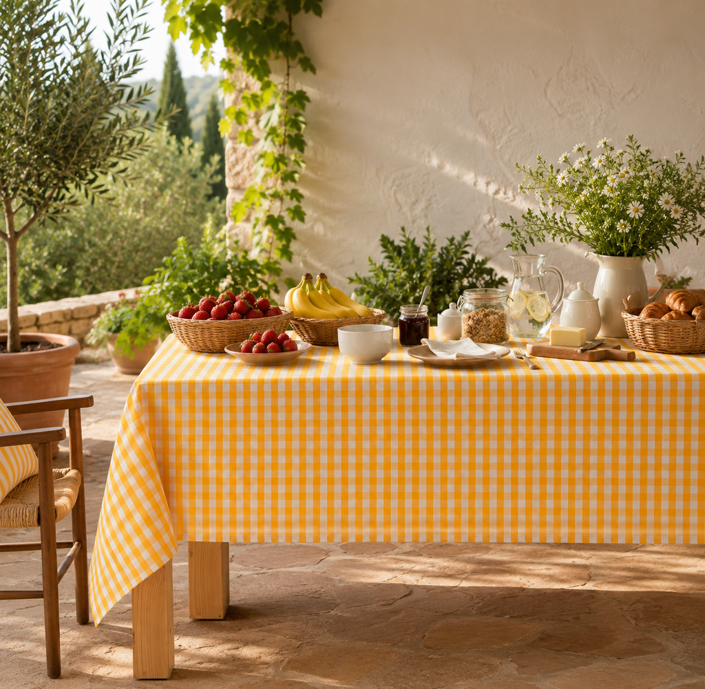 Nappe vichy jaune en coton antitache dressée sur une table pour un repas convivial