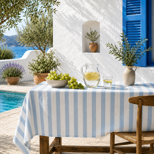 Nappe rayée bleu et blanc imperméable en coton peigné sur une table de jardin méditerranéenne